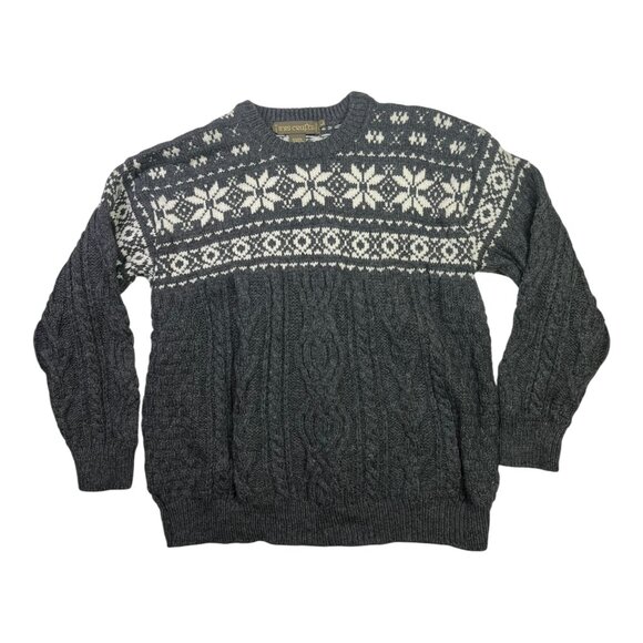 Inis Crafts Men's L 100% Merino Wool Thick Knit Sweater Grey Snowflake - Picture 1 of 7